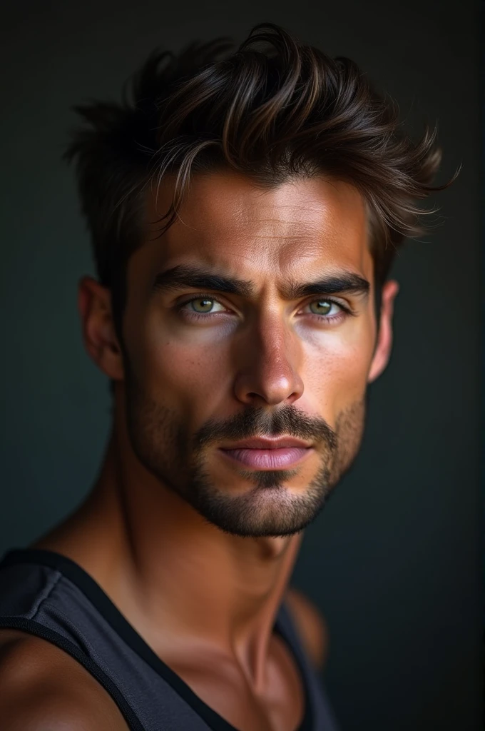 25 year old brown haired man, blue eyes, well formed jaw, belle masse musculaires 