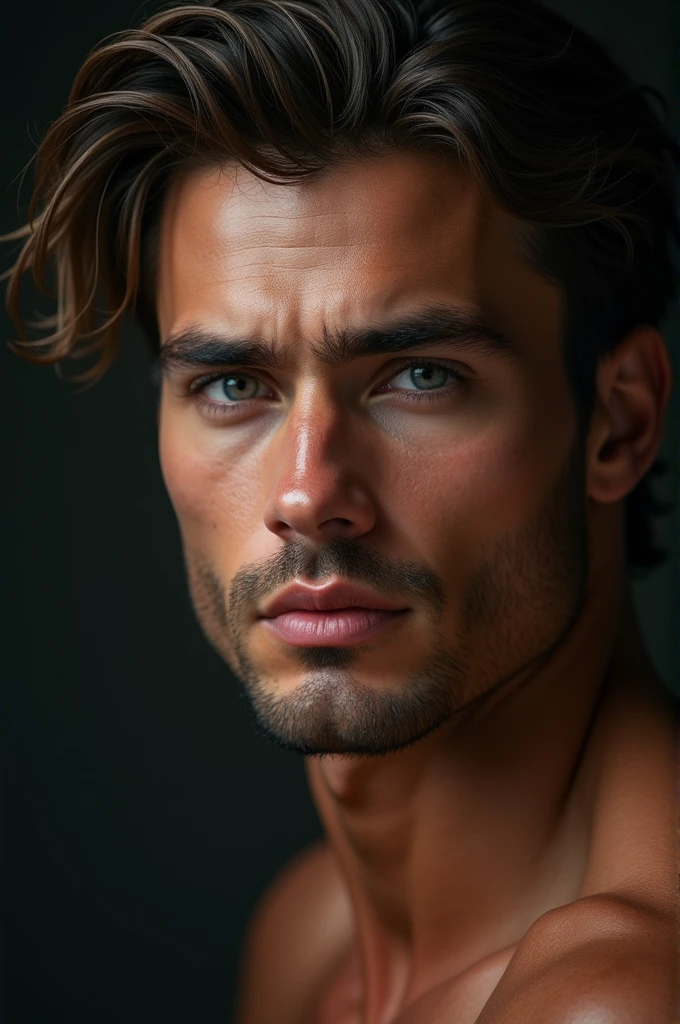 a handsome man, 1 man, beautiful detailed eyes, beautiful detailed lips, extremely detailed eyes and face, long eyelashes, sharp facial features, chiseled jawline, muscular, fit body, (best quality,4k,8k,highres,masterpiece:1.2),ultra-detailed,(realistic,photorealistic,photo-realistic:1.37), cinematic lighting, dramatic shadows, vivid colors, digital art, concept art, hyperrealistic, highly detailed portrait