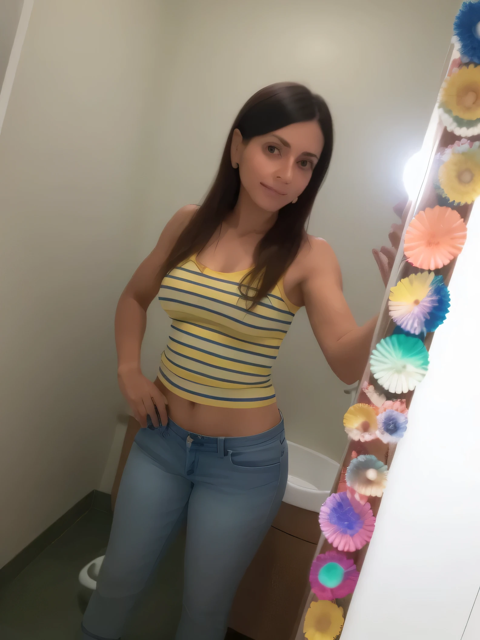 Woman in a bathroom with mirror and a colorful object, Latin, she is about 30 years old, she is around 30 years old, about 20 yo, whole body!, she is around 20 years old, she is around 20 years old, (38 years), tiro de comprimento de whole body, wearing a yellow crop top