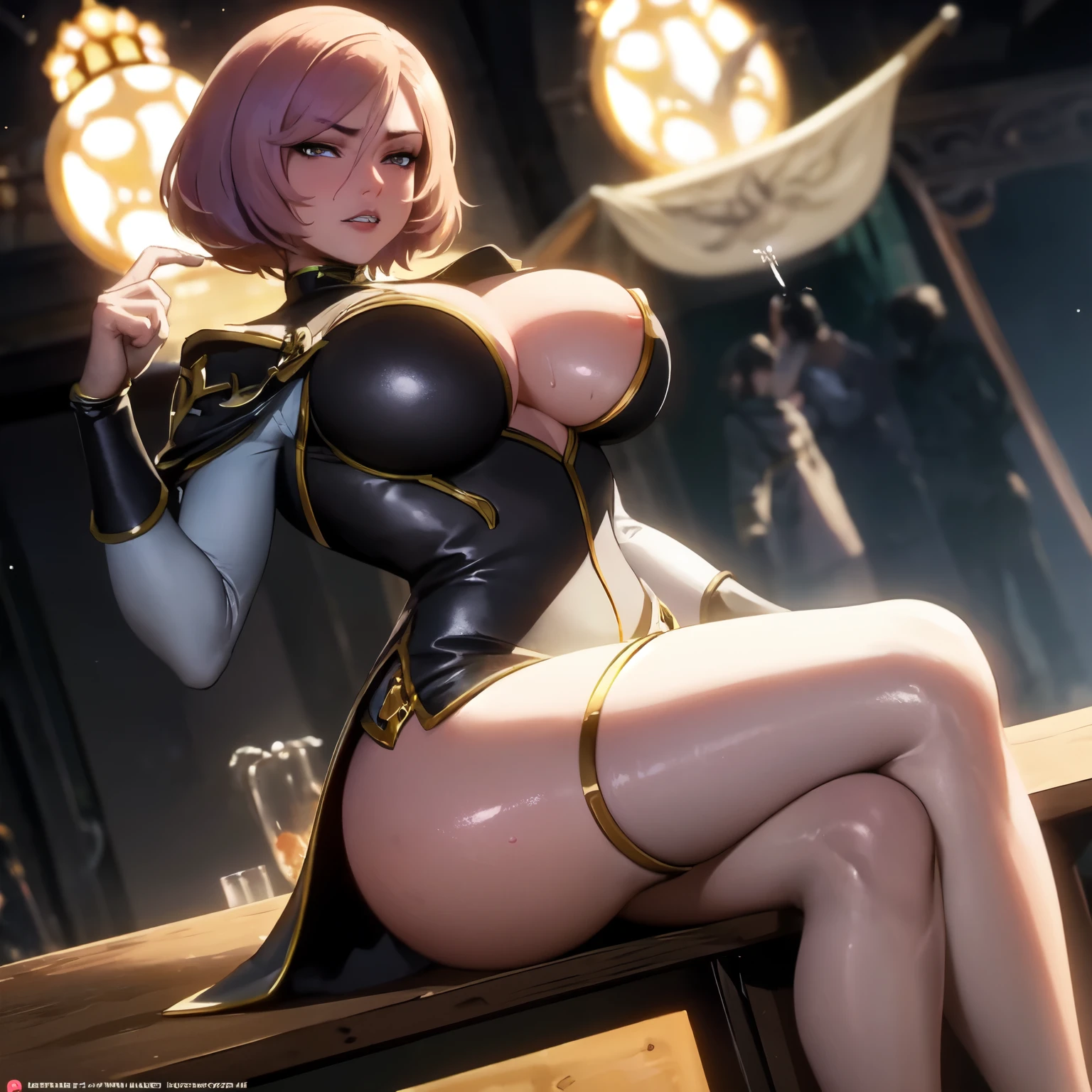 Nsfw, realistic,(obra-prima:1.2), (ultra-detalhado:1.2), (cinematographic lighting), (luz noturna),Soul Land_Hu Liena, image takes place at night,gigantic breasts,Violet eyes, a woman sitting on a beb, one hand she was squeezing her own breast, curvy, bubble butt, viewed from below,looking straight at the viewer with contemptuous eyes, her feet are bare,Hold up one foot towards the viewer, sweat,show teeth, white teeth, perfect and sexy body, erotic position,short hair,sextoy sucking,one hand holding a cock