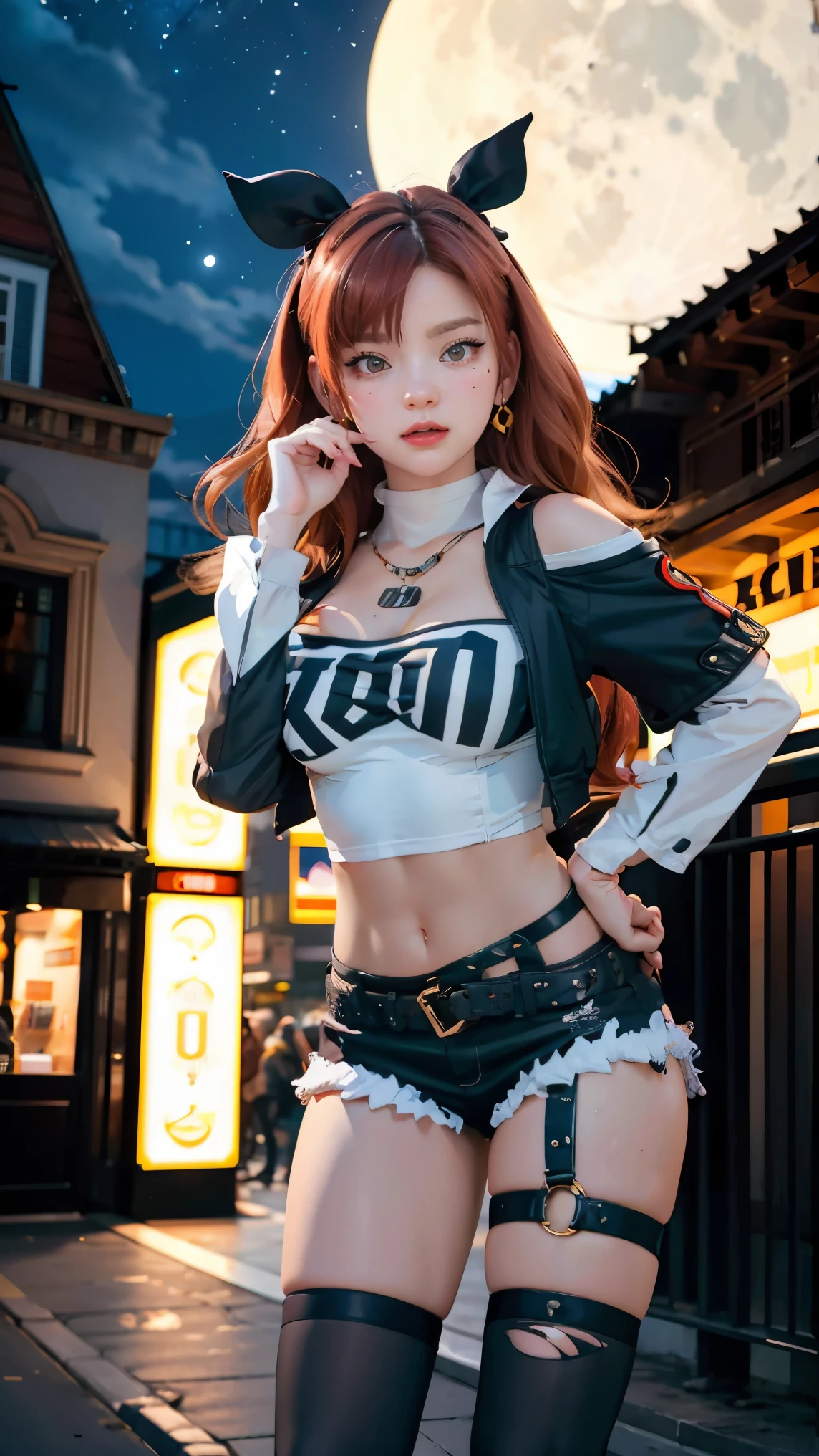 masterpiece, best quality, ultra-detailed, extremely detailed,illustration, 1girl, nicole demara, hair ribbon, hairclip, earrings, black collar, tube top, single thighhigh, short shorts, cropped jacket, belt, thigh strap, detached sleeves, doll, standing, hand on hip, cowboy shot, night street, moon 