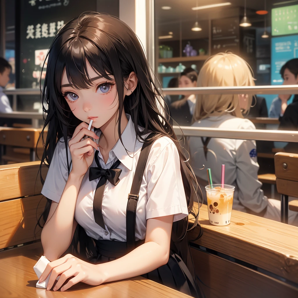 Beautiful girl in school uniform Drinking bubble milk tea in a crowded coffee shop. She hid in the corner of the seat next to the glass. Light shone on her face. The eyes are very reflective during the day.