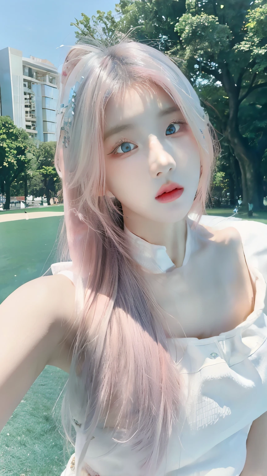 1 Girl, Beautiful, Thin Face, 20 Years Old, White Skin, Medium Breasts, Sleeveless, White Modern Oversize Clothes, Posing For Photos, in a crowded park, Blue Sky, Pink Hair , ((adorable:1.1)), ((masterpiece:1.2)), ((perfect eyes and face))