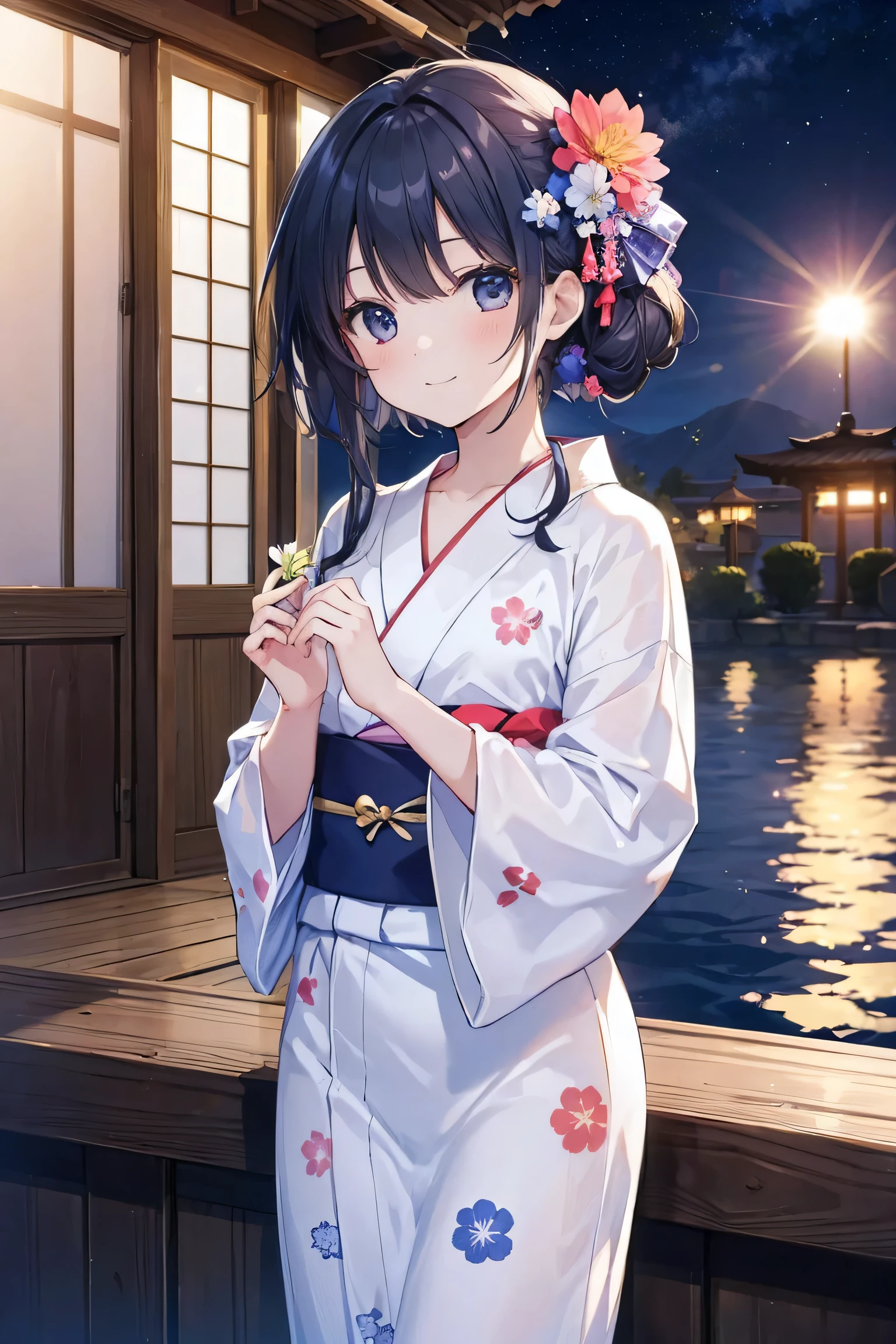 (masterpiece, Highest quality:1.2), One Girl, alone, scenery, shape, View your viewers, Outdoor, Written boundary depth,
sunlight, null, smile,yukata、night、 yukata