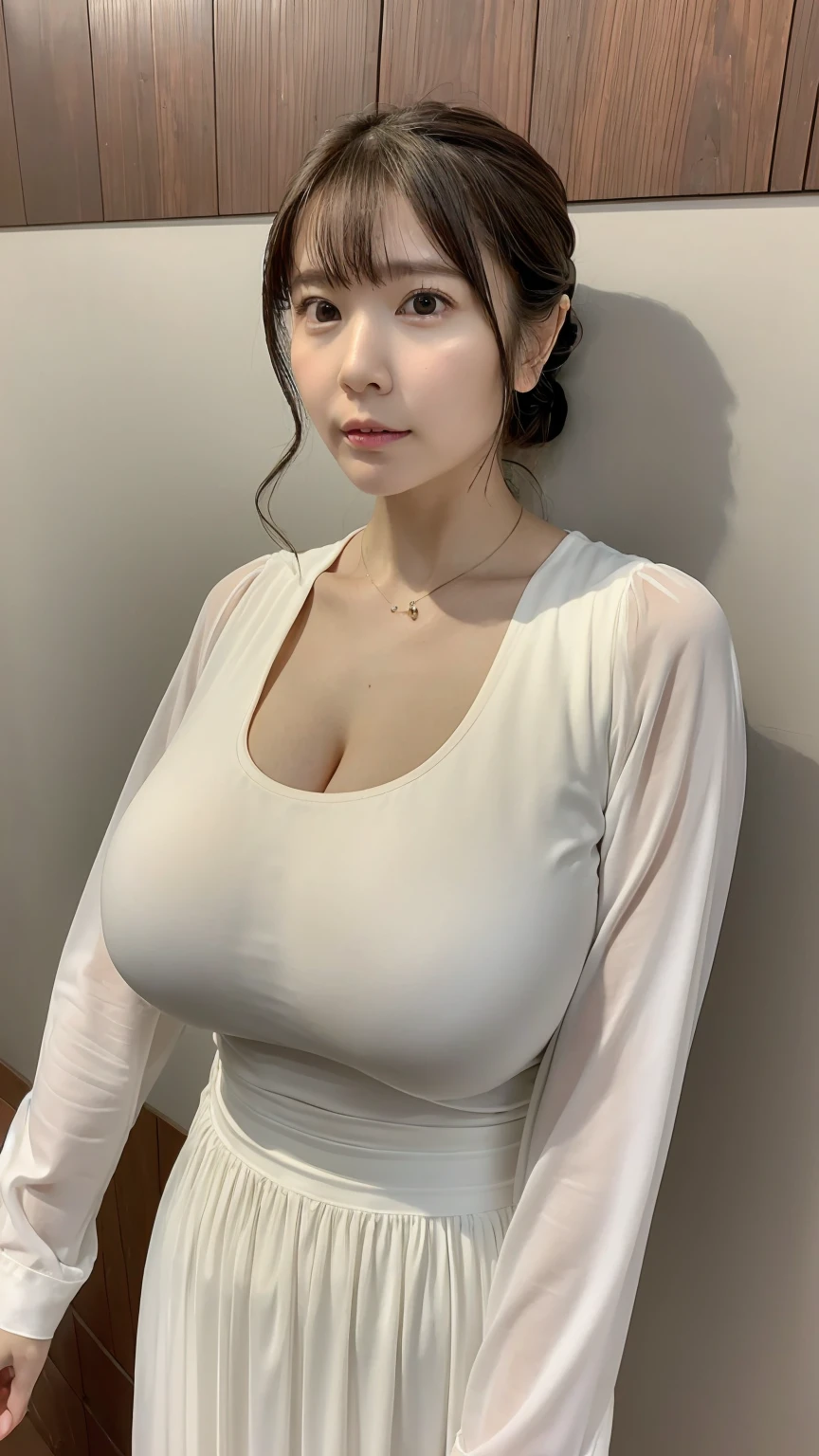 (masterpiece,high quality:1.3),(Written boundary depth:1.3) ,((Front body:1.35)),  Japanese ,woman,Hair Bun, Long sleeves Round neck ,T-shirt maxi (((tight))) dress,(Huge breasts:1.5),(View your audience:1.3),(whole body:1.2)