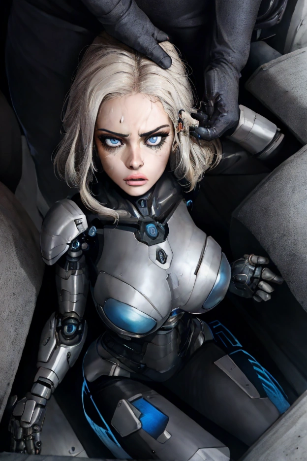 Big breasts, female RoboCop, electric shock, numb body, mouth wide open, painful expression