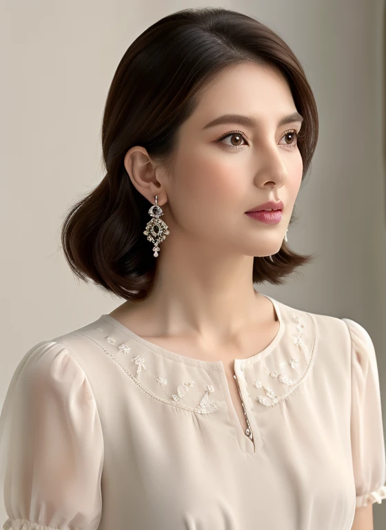top-quality, masterpiece, high resolution, Photorealsitic, Raw photography, 8k wallpaper, flawless, professional lighting, highly detailed, depth of fields, white color background, ((One beautiful woman)), ((40 years old)), Female sexy, true to life, detailed eyes ears face, detailed beautiful nude skin beautiful ears, (no earrings), beautiful eyes, bangs, small breasts of good shape, loose updo layers black hair, ((Faint moist nude lips)), professional natural makeup, ((Stand at angle towards right side, gazing at the ground)), ((serene face eyes)), translucent white skin, wearing a pleaded high waist skirt ultra high end luxury detailed white blouse Peter Pan collar form fitting breast detailed embroidery and embroidered sheer puffy short sleeves, cowboy shot, elegant female, (((she does not war earrings))), award winning photography, trending on flicker, trending on Instagram, same lady face in each scene but standing in different sensual poses, crisp, clear, highly detailed