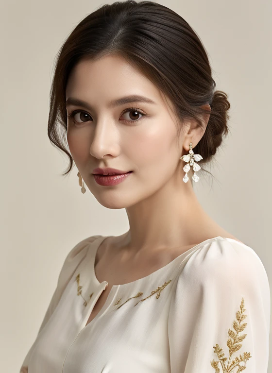 top-quality, masterpiece, high resolution, Photorealsitic, Raw photography, 8k wallpaper, flawless, professional lighting, highly detailed, depth of fields, white color background, ((One beautiful woman)), ((40 years old)), Female sexy, true to life, detailed eyes ears face, detailed beautiful nude skin beautiful ears, (no earrings), beautiful eyes, bangs, small breasts of good shape, loose updo layers black hair, ((Faint moist nude lips)), professional natural makeup, ((Stand at angle towards right side, gazing at the ground)), ((serene face eyes)), translucent white skin, wearing a pleaded high waist skirt ultra high end luxury detailed white blouse Peter Pan collar form fitting breast detailed embroidery and embroidered sheer puffy short sleeves, cowboy shot, elegant female, (((she does not war earrings))), award winning photography, trending on flicker, trending on Instagram, same lady face in each scene but standing in different sensual poses, crisp, clear, highly detailed