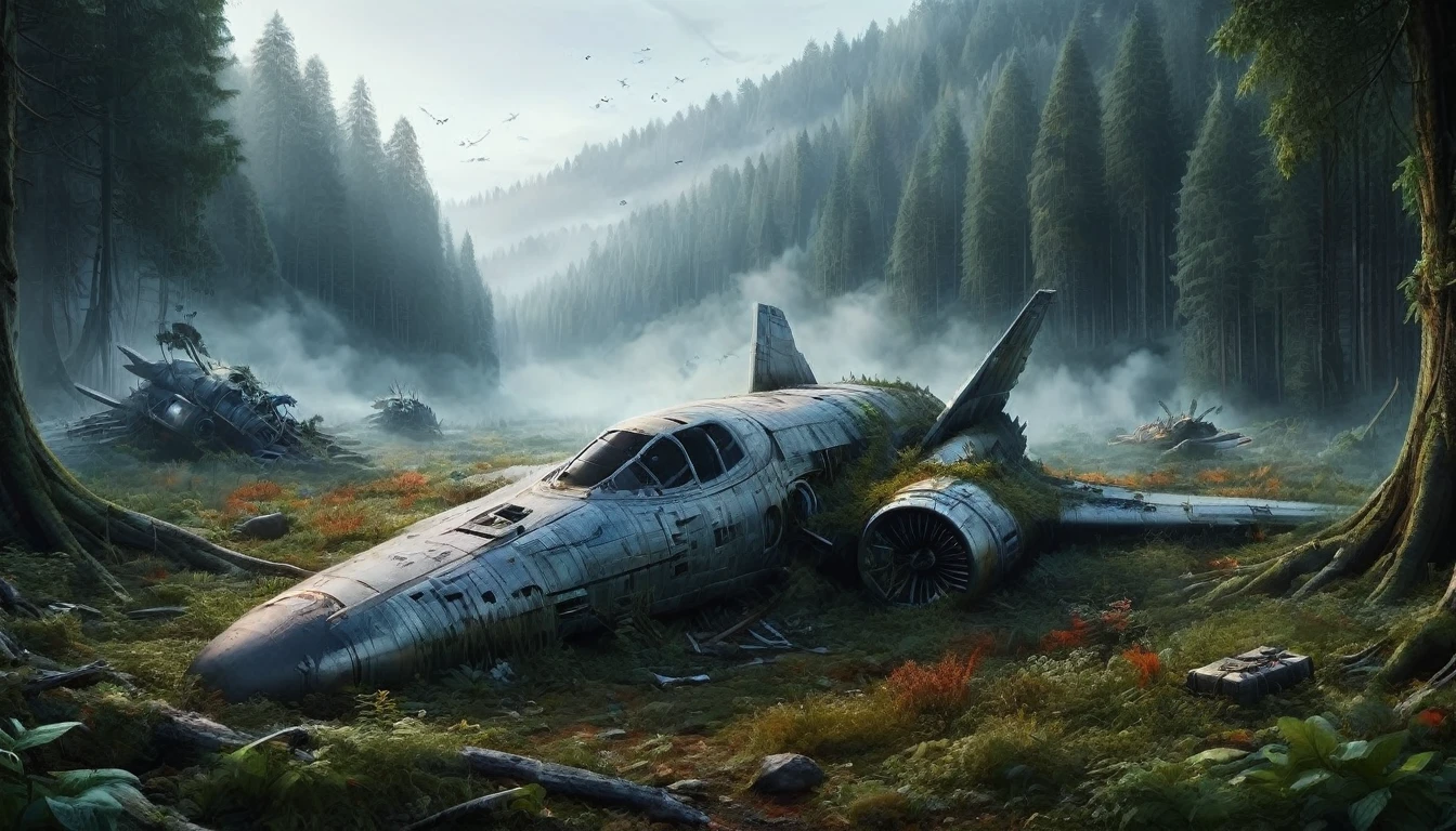 A highly detailed, high-resolution illustration of a crashed spaceship that has landed in a field surrounded by trees and the frozen silence of a battle. The spaceship should have an impressive armored structure, visible military elements such as weapons and reinforced plating, and signs of heavy use, including extensive rust, stains, dirt, and severe damage from previous battles. The field should be covered in a layer of grass, and the trees in the background should create a striking contrast. The scene should include subtle lighting effects that emphasize the impressive size and complexity of the landing spaceship with its plasma jet engine at the center. Additionally, have people standing on nearby open spaces and debris to add a sense of scale and context to the scene. The illustrations should be drawn with such meticulous detail that it appears to have been shot on an iPhone camera. Ultimately, the dramatic moment should be stunningly realistic and believable.