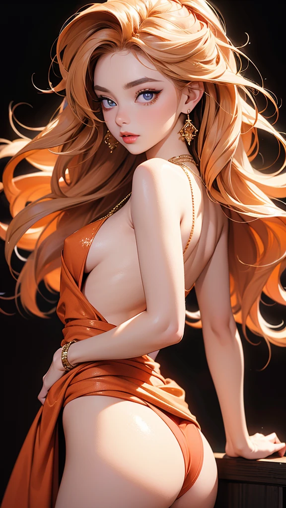 8K quality, orange and red glitter background, ((Most beautiful girl ever)), (((Best quality))), HDR, ((Details)), ((Masterpiece)), ((Super detailed)), ((Delicate eyes, Best eyes ever, Beautiful eyes, Big eyes))(Light hair, Beautiful hair, Voluminous hair), (Small breasts), ((Golden bikini))((Earrings, Necklace)), (((Small butt, Facing backwards, Turning around and looking at camera, From waist up)))