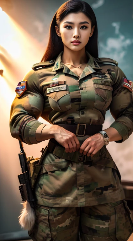 (best quality,4k,8k,highres,masterpiece:1.2),ultra-detailed,realistic,Malaysian women in tight army uniform,strong determination,confident,brave,stern gaze,professional,adorned with medals,sharp focus,physically-based rendering,vivid colors,studio lighting,Malaysian flag backdrop,proud,unwavering spirit,inspiring,regal,encouraging diversity,respectful representation,traditional attire,fierce warriors,dedicated service,heroic,striking pose,defending the nation,unbreakable bond of sisterhood,courageous soldiers,exquisite details,dressed in camouflage,representing strength and grace.