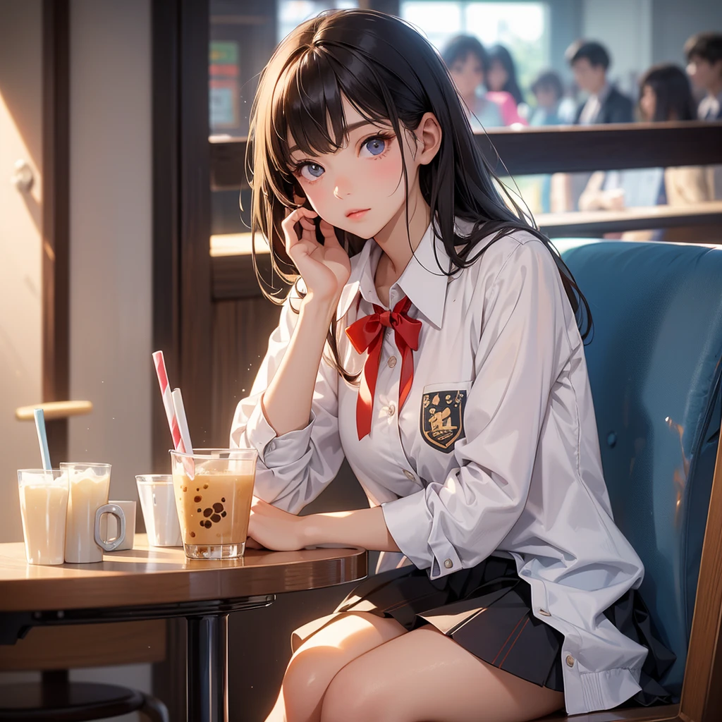 Beautiful girl in school uniform Drinking bubble milk tea in a crowded coffee shop. She hid in the corner of the seat next to the glass. Light shone on her face. The eyes are very reflective during the day.