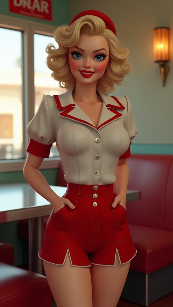 (Best Quality,4k,8K,High Resolution,Masterpiece:1.2),ultra-detailed,(realistic, photo-realistic,photo-realistic:1.37), ((Best Quality)), ((Masterpiece)), (detailed), ((Marilyn Monroe)), Sexy short and tight uniformed 1950s waitress, ((whole body)), 50's style makeup and hairstyle, ((50's diner)), ((large breasts and hips)), ((small waist)), ((classic 1950's curvy hourglass pin-up girl figure with long eyelashes, American typical facial features of a teenager)), cute dimpled cheesecake smile, ((blushed, pink cheeks)), ((super mini skirt showing long, shapely legs)), Bobby Parish, well drawn, perfect eyes, (well drawn hands), perfect teeth, (well drawn anatomy) (kitsch), (cinematic lighting)), (cinematic lighting)), (cinematic lighting)), (cinematic lighting)
Translated with DeepL.com (free version)