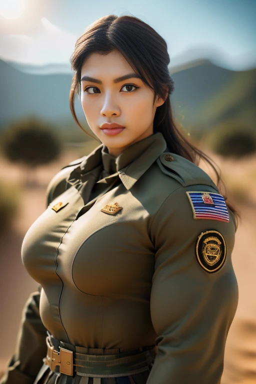 (best quality,4k,8k,highres,masterpiece:1.2),ultra-detailed,realistic,Malaysian women in tight army uniform,strong determination,confident,brave,stern gaze,professional,adorned with medals,sharp focus,physically-based rendering,vivid colors,studio lighting,Malaysian flag backdrop,proud,unwavering spirit,inspiring,regal,encouraging diversity,respectful representation,traditional attire,fierce warriors,dedicated service,heroic,striking pose,defending the nation,unbreakable bond of sisterhood,courageous soldiers,exquisite details,dressed in camouflage,representing strength and grace.