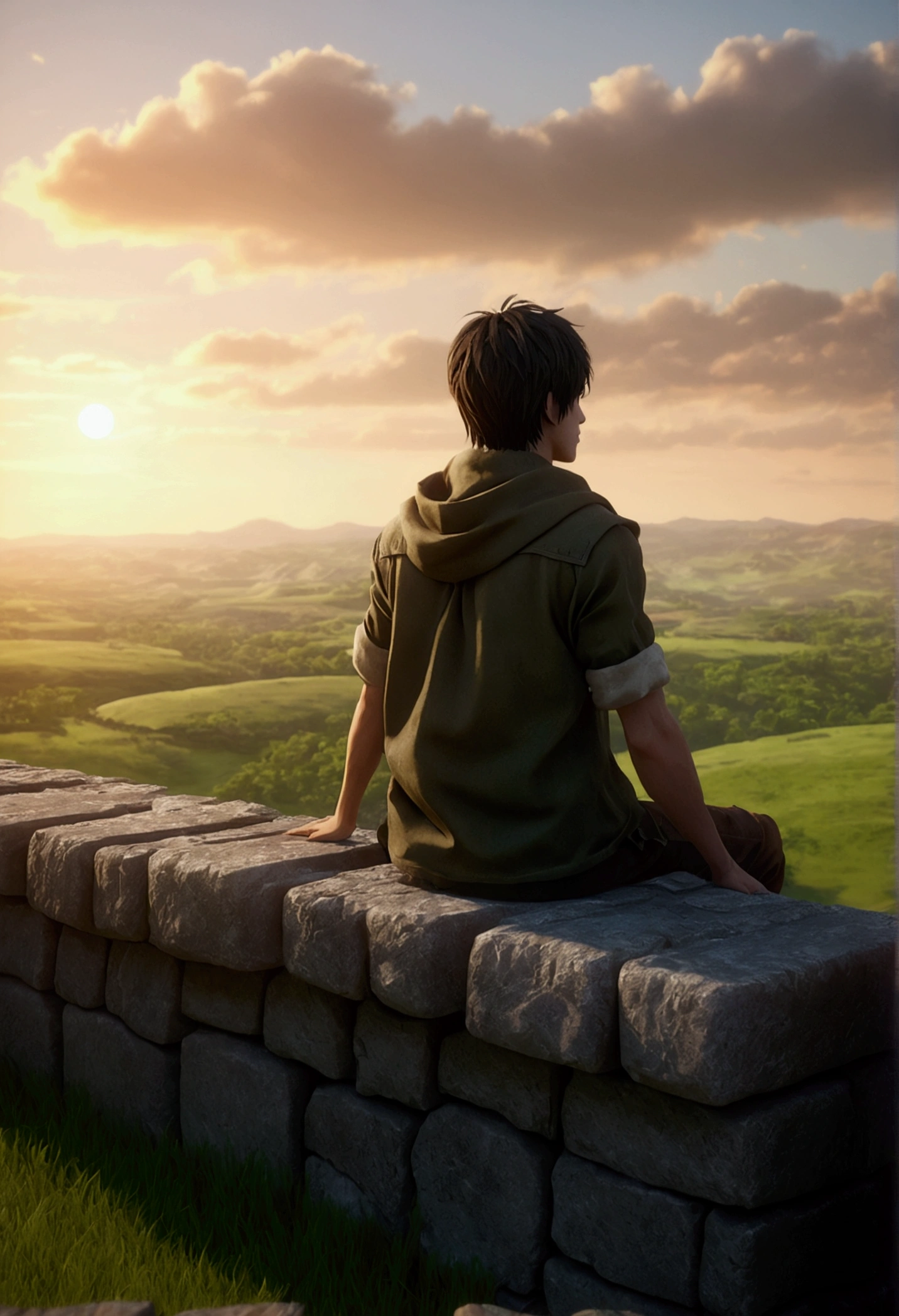 A highly detailed 3D render of Eren Jaeger sitting atop a massive stone wall, gazing out over a vast, lush green grassland landscape, with a stunning sunset in the background, cinematic lighting, ultra-realistic textures, intricate architectural details, dynamic clouds, volumetric lighting, photorealistic, Trending on Artstation, Unreal Engine, 8K