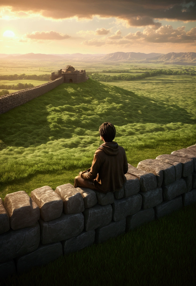 A highly detailed 3D render of Eren Jaeger sitting atop a massive stone wall, gazing out over a vast, lush green grassland landscape, with a stunning sunset in the background, cinematic lighting, ultra-realistic textures, intricate architectural details, dynamic clouds, volumetric lighting, photorealistic, Trending on Artstation, Unreal Engine, 8K