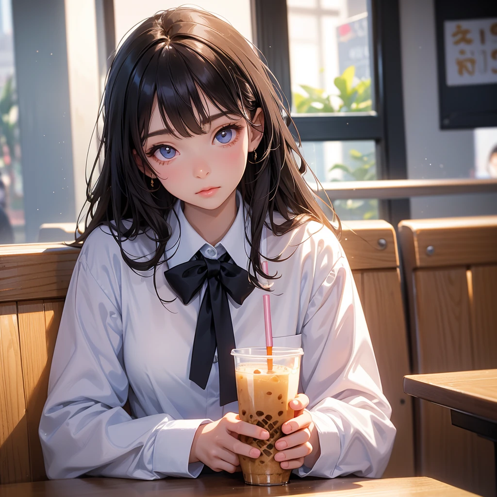 Beautiful girl in school uniform Drinking bubble milk tea in a crowded coffee shop. She hid in the corner of the seat next to the glass. Light shone on her face. The eyes are very reflective during the day.