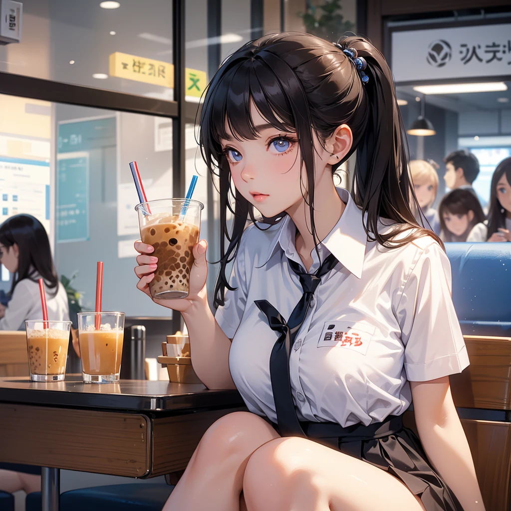 Beautiful girl in school uniform Drinking bubble milk tea in a crowded coffee shop. She hid in the corner of the seat next to the glass. Light shone on her face. The eyes are very reflective during the day.