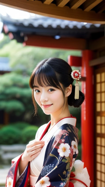 smile, A glimpse, Open clothes, Realistic photos, Beautiful Eyes, Flowing black hair, Elegant kimono, Shrine and temple gardens, Traditional folding fan, Calm expression, Soft lighting, Traditional Japanese art style, Vibrant colors, Peaceful atmosphere, Delicate features, Graceful posture