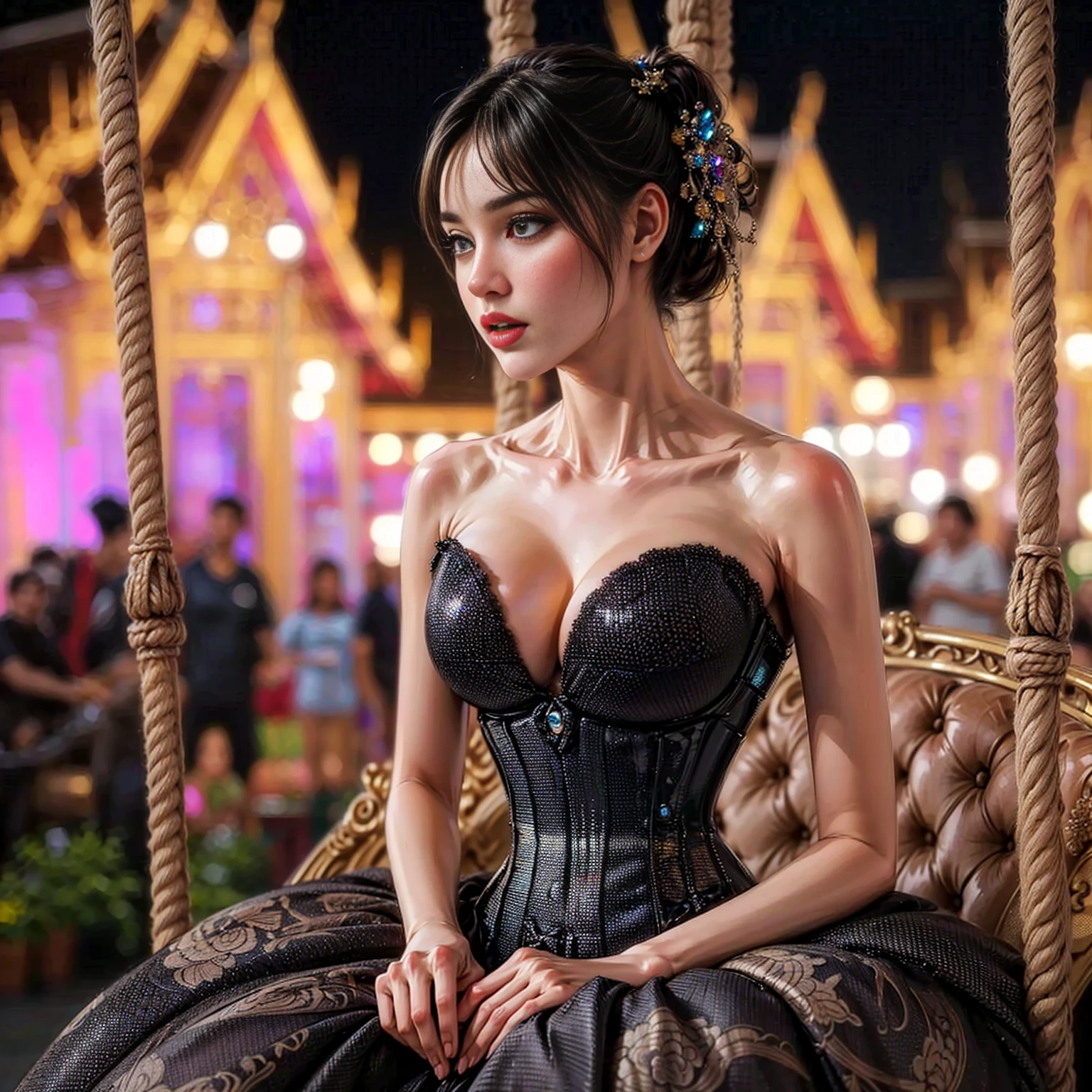 (Extreme HDR) (brightness FX) Photo of an asian woman gigantic Breast 'white skin' with long hair flowing in the wind, wearing a black batik patterned costume, a V-cut strapless corset style batik dress made of carbon patterned satin, a very narrow and stiff V-cut waist decorated with blue jewels, a luxurious long skirt, looks beautiful and stunning, very realistic and detailed, with a royal palace in the background, sitting on a swing, behind it is a black classic car. hyper realistic, hyper detail clothing, Detailed gemstones, masterpiece, best quality:1.2),,(8k,highres,RAW photo,realistic,photo-realistic:1.3),(detailed skin texture,detailed cloth texture, beautiful detailed face:1.25),professional lighting,photon mapping,beautiful soft light,radiosity,physically-based rendering,raytracing, model shoot style, model shoot style, (extremely detailed CG unity 8k wallpaper), full shot body photo of the most beautiful artwork in the world (NSFW), (Nude), (Naked), (carbon fiber corset) (big veiny breast) (steampunk corset) (glowing dress)