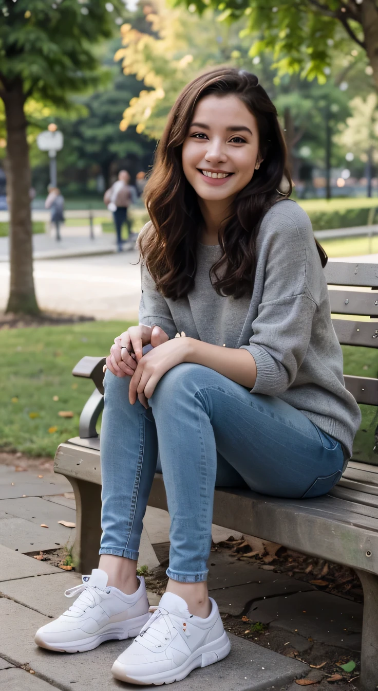 A girl is sitting on a bench in the park、 Full body photo、,Wavy Hair、 smile、Beautiful teeth alignment、Ear piercing、Grey sweater, Skinny jeans、 Wearing sneakers,, High resolution, detailed, Realistic,High detailed