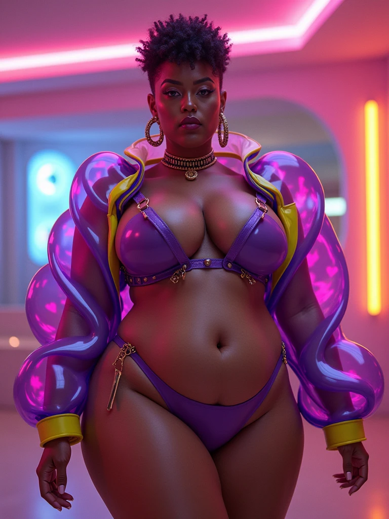 a strong muscular Woman with large HIPS thigh BUTTOCKS, dark melanin skin, objective, twins Moor GODDESS beauty duo with insanely voluptuous HUGE buttocks ASS, UHD, extremely long neon wavy mohawk hairstyle, Womancore, holding neon ring, DSLR, neon blue ring, Vaporwave, ultra high resolution skin, zero waist:2, wwell lit (orange gradient) room with neon squiggle. thick legs, with lots of bioluminescent-translucent violet and llilac inflatable parts and and puffy sleeves, face lit, high heel nike shoes, no nudity #HUGEASS Huge Ass