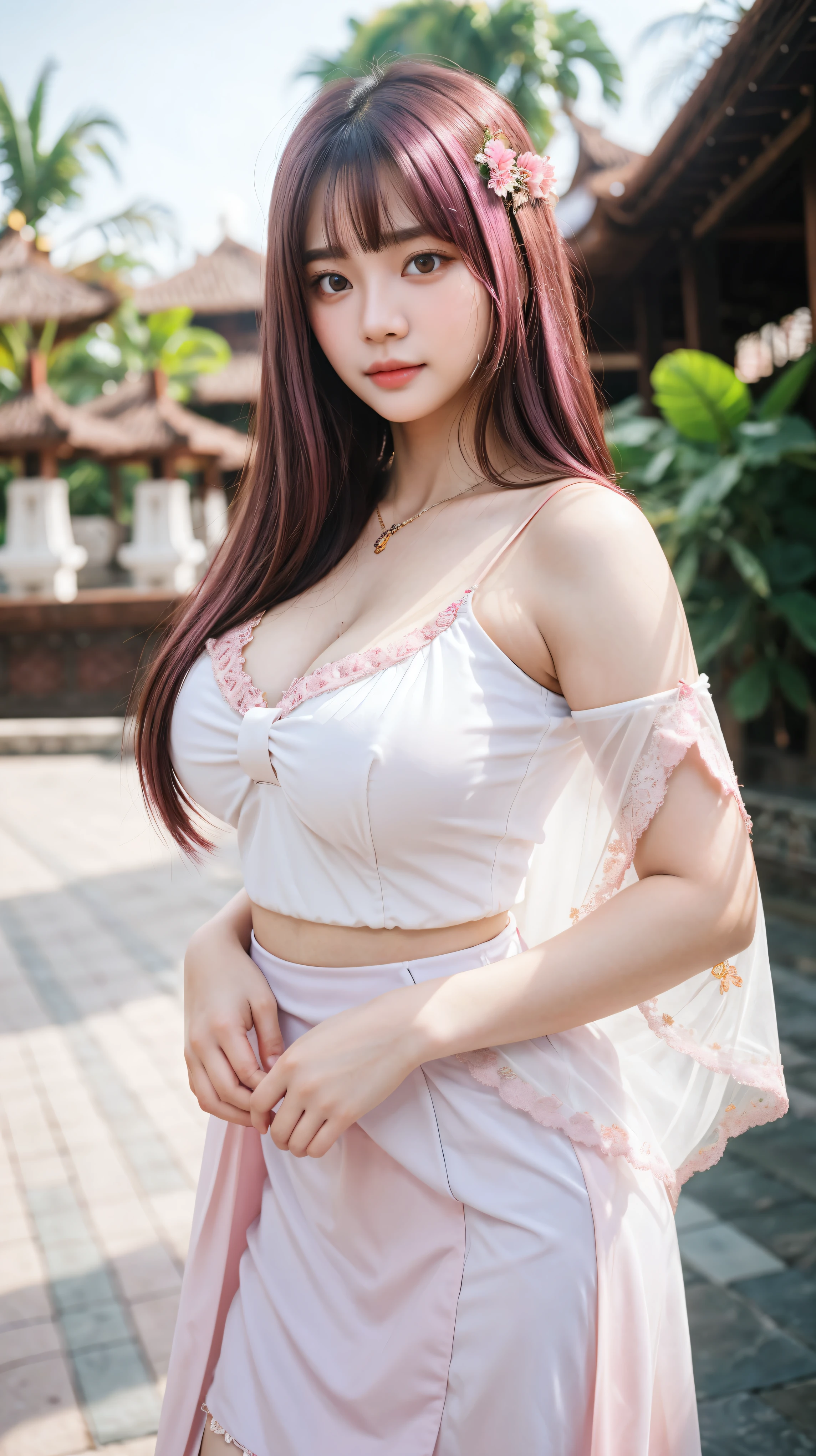 Gorgeous Girl, beautiful, , 20 years old, White skin, Large, massive breasts, pose, (kebaya), Indonesian kebaya, brown retina, muscle, bokeh, Indonesian cultural background, masterpiece, portrait, straight pink hair, perfect lighting, HDR