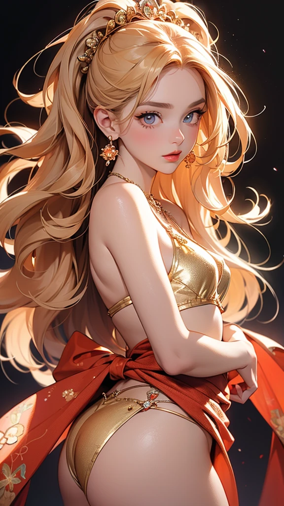 8K quality, orange and red glittering background, ((Most beautiful girl ever)), (((Best quality))), HDR, ((Details)), ((Masterpiece)), ((Super detailed)), ((Delicate eyes, Best eyes ever, Beautiful eyes, Big eyes))(Light hair, Beautiful hair, Voluminous hair), (Small breasts, Thin waist), ((Gold bikini with delicate floral pattern))((Earrings, Necklace)), (((Small butt, Facing backwards, Turning to look at camera, From waist up)))