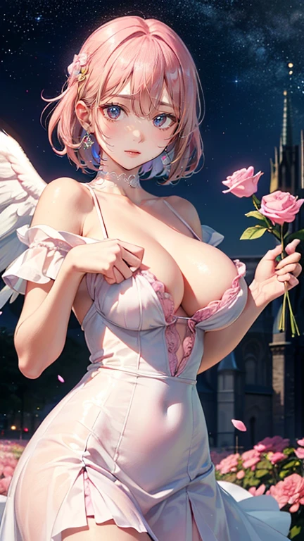 (masterpiece, Highest quality:1.3), (Very detailed:1.2), (hyperRealistic:1.3), (RAW Photos:1.2), High resolution raw color photos, Professional photos, (PhotoRealistic:1.4), (Realistic:1.4), (Pink Hair:1.5), Professional Lighting, Perfect Anatomy, (Big Breasts:1.2), (blush, Detailed face), (smile:1.7), sexy, erotic sexy, ランダムなsexyなグラビアポーズ, (An angel in a white gold off-the-shoulder sundress、so beautiful、Flowers in full bloom畑で花冠をかぶり優雅に微笑む、The background is Notre Dame Cathedral、Flowers in full bloom々、Shining starry sky、Pearl Earrings、Pose picking flowers。:1.3)、Archangel Raphael、It has two large white wings on its back....、She looks like an angel.、Taking the form of an archangel、holding a pink rose in hand、I have an angel's halo around my head