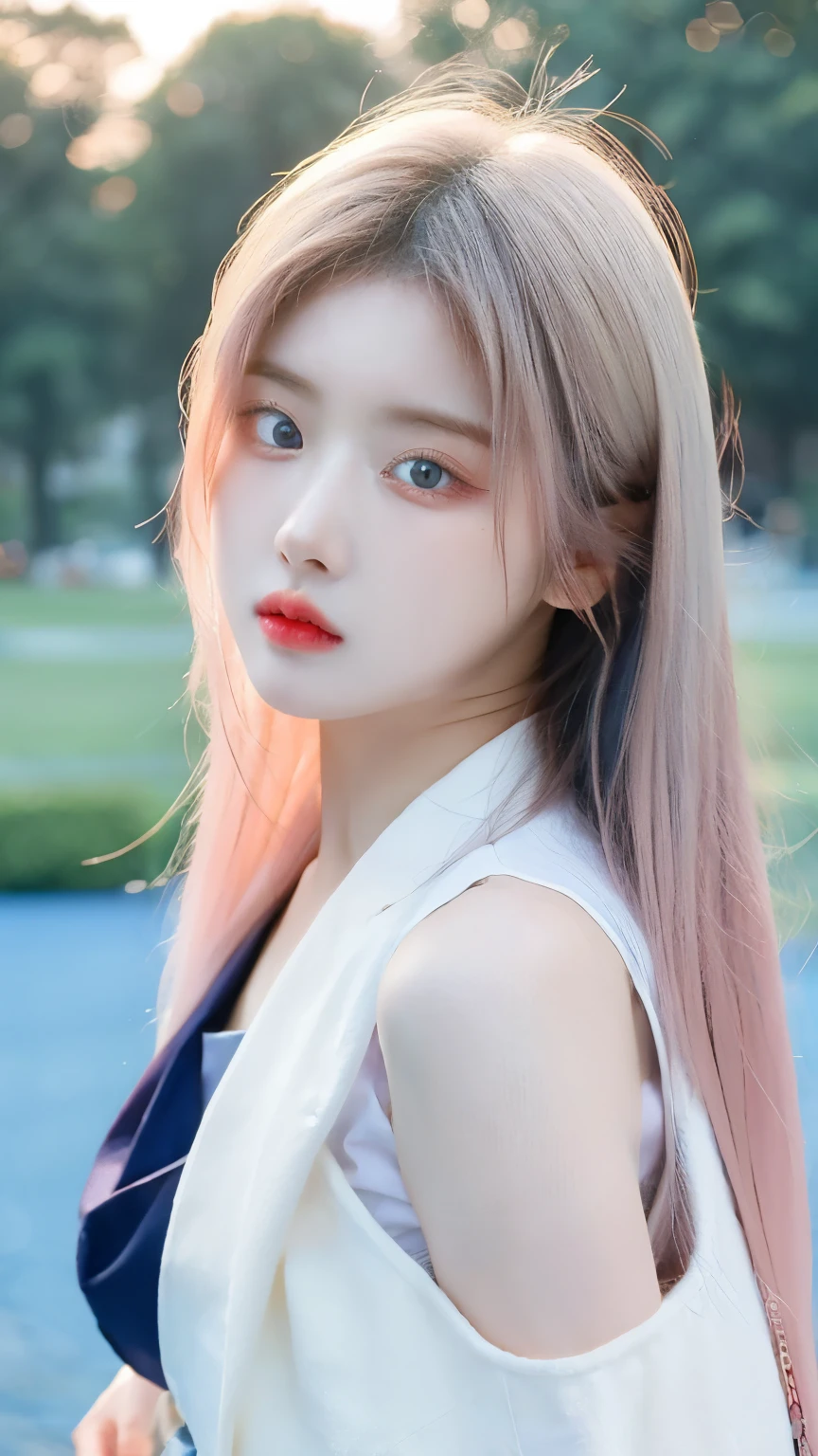 1 Girl, Beautiful, Thin Face, 20 Years Old, White Skin, Medium Breasts, Sleeveless, White Modern Oversize Clothes, Posing For Photos, in a crowded park, Blue Sky, Pink Hair , ((adorable:1.1)), ((masterpiece:1.2)), ((perfect eyes and face)) 