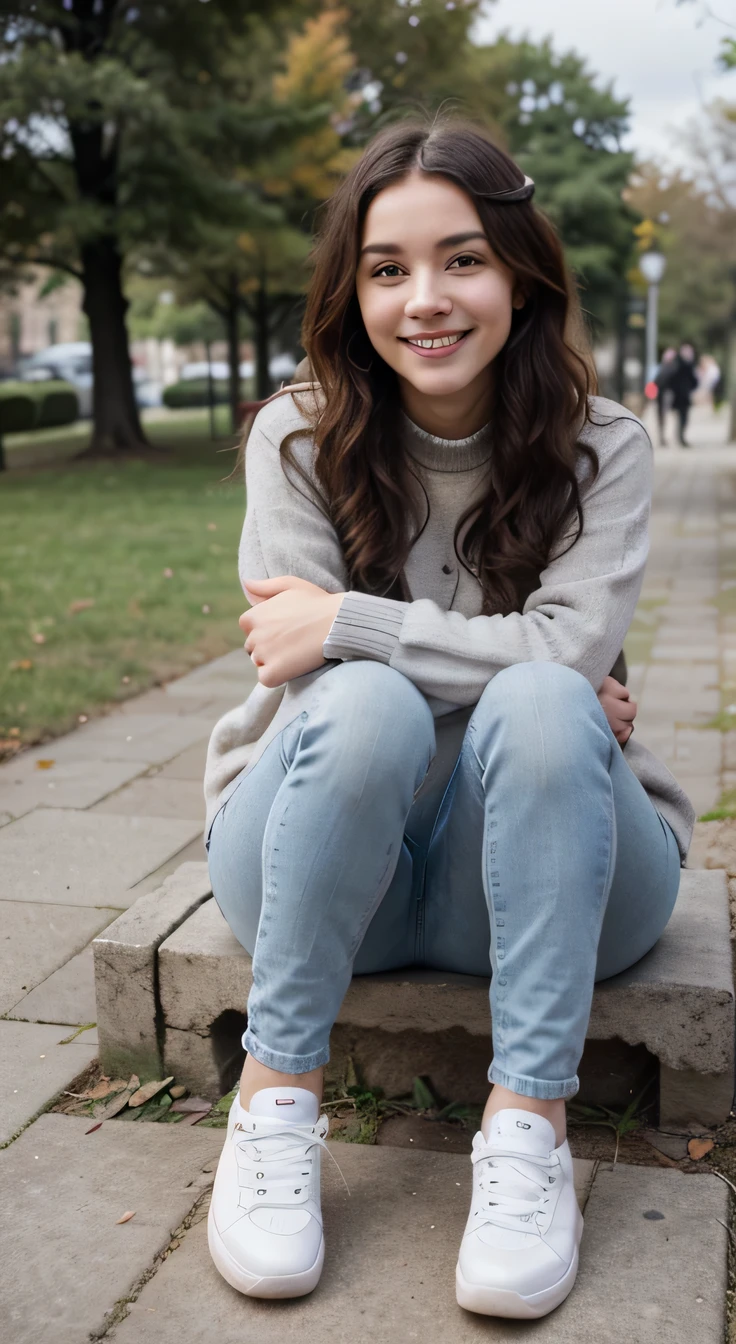 A girl is sitting on a bench in the park、 Full body photo、,Wavy Hair、 smile、Beautiful teeth alignment、Ear piercing、Grey sweater, Skinny jeans、 Wearing sneakers,, High resolution, detailed, Realistic,High detailed