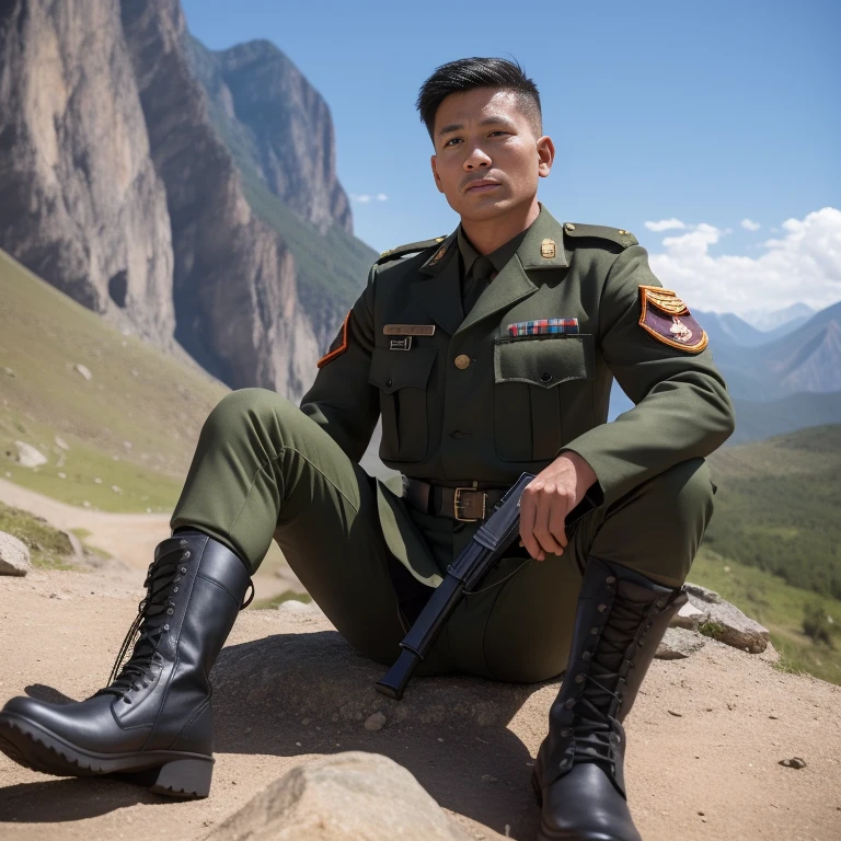 40 years old,One Man,Asian soldiers,Cliff in the mountains、Sit with your legs wide open、Hold a gun,logic,Gay ,Very short hair、Stubble,Handsome、Fighting spirit、The crotch area is bulging。Shocker Belt、Black boots、Black gloves、