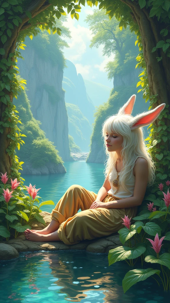 (hairy,Long hair with rabbit ears,Baggy pants,Tail)，Beautiful nature, rest，masterpiece,high resolution,Top quality