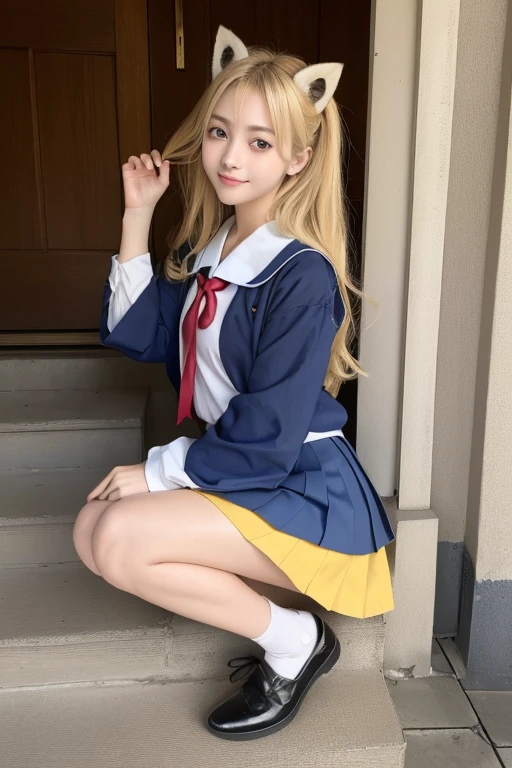 Her windblown blonde hair obscures her pretty face..、Bangs that flow between the eyes、Sexy big 、16 year old cute little smile、Shiny, bright, straight, super long blonde hair、Cute and beautiful long, smooth bangs covering the area between the eyes、Long, straight, silky hair、sexy and cute beautiful young girl、clear, white and Shiny skin、Shiny skin、Beautiful Face、Beautiful brown eyes that shine so brightly、Very big eyes、Small Face Beauty、Perfect beauty、(Full body 3:1)、(high school girl)、Climbing the stairs at school、Shot from below、Looking back from behind、uniform、Sailor suit、Short skirt、The pants are a little visible、Sexy pose、gravure、 information