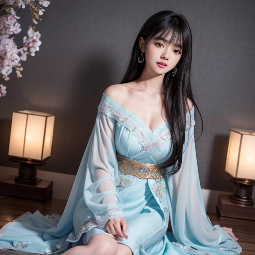 best quality, Delicate face,beautiful visual work, lifelike, eternity, black hair, Long curly hair, blunt bangs, Smile, Detailed Background, Delicate face,blush,cold,((masterpiece))、(top quality)、8k、high detail、Super detailed,31 years old female,Wearing Tang Dynasty Hanfu、waist skirt, Clothes are light and fluffy,Hanfu, wide sleeves, Tunic, Clothes made of chiffon, Seductive and whimsical style、masterpiece、born、Scenes resembling fairy tale illustrations、Intricate details and complex designs、Beautifully、magic、capricious、 Beautifully、Dream aesthetics、「𝓡𝓸𝓶𝓪𝓷𝓽𝓲𝓬、ethereal、charming、fickle、magic」、Realism、Visual effects、FXAA、SSAO、Shaders、voiceless、ambient lighting、Tone mapping、High resolution、Ultra high quality、Million pixels、(8K resolution:1.10)、8k、Below 8K、8K resolution、high detail、intricate details, (high quality:1.2、masterpiece:1.2、:1.21)、(31 years old female:1.21)、(Smile excitedly)、(Surrounded by a dream-like atmosphere、Model diagram,full-body shot,Normal 2 feet,Cross your hands and hide them in your sleeves,You can clearly see that her breasts are very big inside the clothes, Big ,Chest G cup, antiquity, Xian Xia, gauze s, Soft and fluttering, Fairy, dream, fantasy, light, elegant, nature, Immortal, light blue clothes