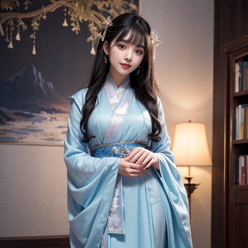 best quality, Delicate face,beautiful visual work, lifelike, eternity, black hair, Long curly hair, blunt bangs, Smile, Detailed Background, Delicate face,blush,cold,((masterpiece))、(top quality)、8k、high detail、Super detailed,31 years old female,Wearing Tang Dynasty Hanfu、waist skirt, Clothes are light and fluffy,Hanfu, wide sleeves, Tunic, Clothes made of chiffon, Seductive and whimsical style、masterpiece、born、Scenes resembling fairy tale illustrations、Intricate details and complex designs、Beautifully、magic、capricious、 Beautifully、Dream aesthetics、「𝓡𝓸𝓶𝓪𝓷𝓽𝓲𝓬、ethereal、charming、fickle、magic」、Realism、Visual effects、FXAA、SSAO、Shaders、voiceless、ambient lighting、Tone mapping、High resolution、Ultra high quality、Million pixels、(8K resolution:1.10)、8k、Below 8K、8K resolution、high detail、intricate details, (high quality:1.2、masterpiece:1.2、:1.21)、(31 years old female:1.21)、(Smile excitedly)、(Surrounded by a dream-like atmosphere、Model diagram,full-body shot,Normal 2 feet,Cross your hands and hide them in your sleeves,You can clearly see that her breasts are very big inside the clothes, Big ,Chest G cup, antiquity, Xian Xia, gauze s, Soft and fluttering, Fairy, dream, fantasy, light, elegant, nature, Immortal, light blue clothes
