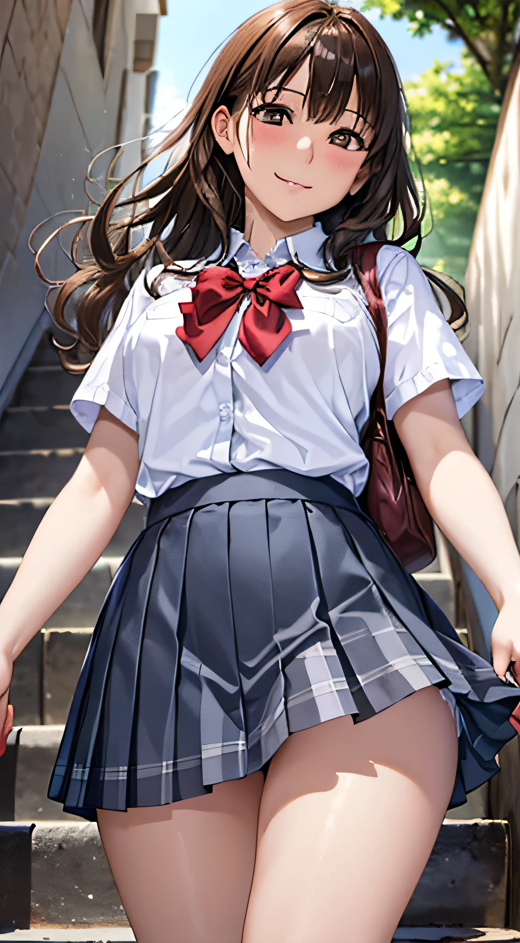 ((Tabletop, Highest quality, High resolution, , Pixel Perfect, 4K,))), 2 women, 、The whole body is visible、 ((Long Wavy Hair, bangs, Brown Hair)), ((Brown eyes, Beautiful eyelashes, Realistic eyes)), ((Detailed face, blush:1.2)), ((Smooth texture:0.75, Realistic texture:0.65, Realistic:1.1, Anime CG style)), Big Breasts, Dynamic Angle, Perfect body, (( , , Schoolgirl uniform、、White shirt、Pleated skirt、 、Floral lace panties 、)), On the way up the stairs、Big staircase in the city、、、Very embarrassing panic smile, 、、The gesture of holding the skirt with your hand、、、、、、 、Angle from below)、