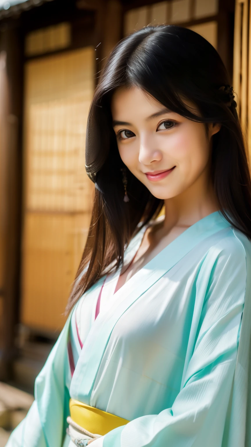 Hair flowing in the wind, smile, Open clothes, Realistic photos, Beautiful Eyes, Flowing black hair, Elegant kimono, Shrines and temples, Calm expression, Soft lighting, Traditional Japanese art style, Vibrant colors, Peaceful atmosphere, Delicate features, Graceful posture