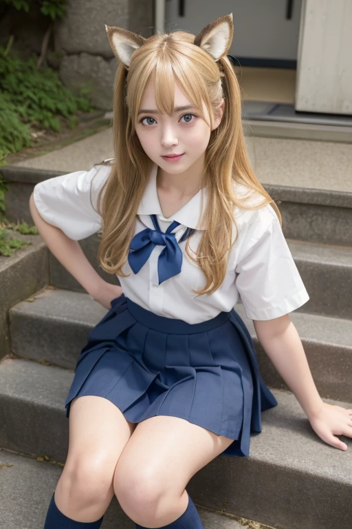 ((Beautiful blonde hair))、((Beautiful blonde hair))、One Girl、((Highest quality、8k、masterpiece))、Sharp focus:1.2、(Small fox ears)、Cute 17 year old girl with perfect figure:1.4、((Detailed image of the skirt))、 ((Detailed image of the skirt))、Highest quality, masterpiece, Ultra-high resolution, (Realistic:1.4), RAW Photos, Full Body Shot, Front view, From below, One Girl, The most famous Japanese idols, Crouching on the stairs, ((Wear Japan high school uniform)), (Very cute face like the most popular Japanese idol, (Very beautiful big eyes)), Very beautiful hair, Very beautiful skin, Very beautiful long eyelashes, Very beautiful lips, Very beautiful short body, Very beautiful thighs, An innocent smile, View your viewers, Dynamic pose, Detailed play area, ((Detailed matching of Japanese high school uniforms)), ((Detailed image of the skirt)、)((Detailed image of the skirt))、((Detailed image of the skirt))