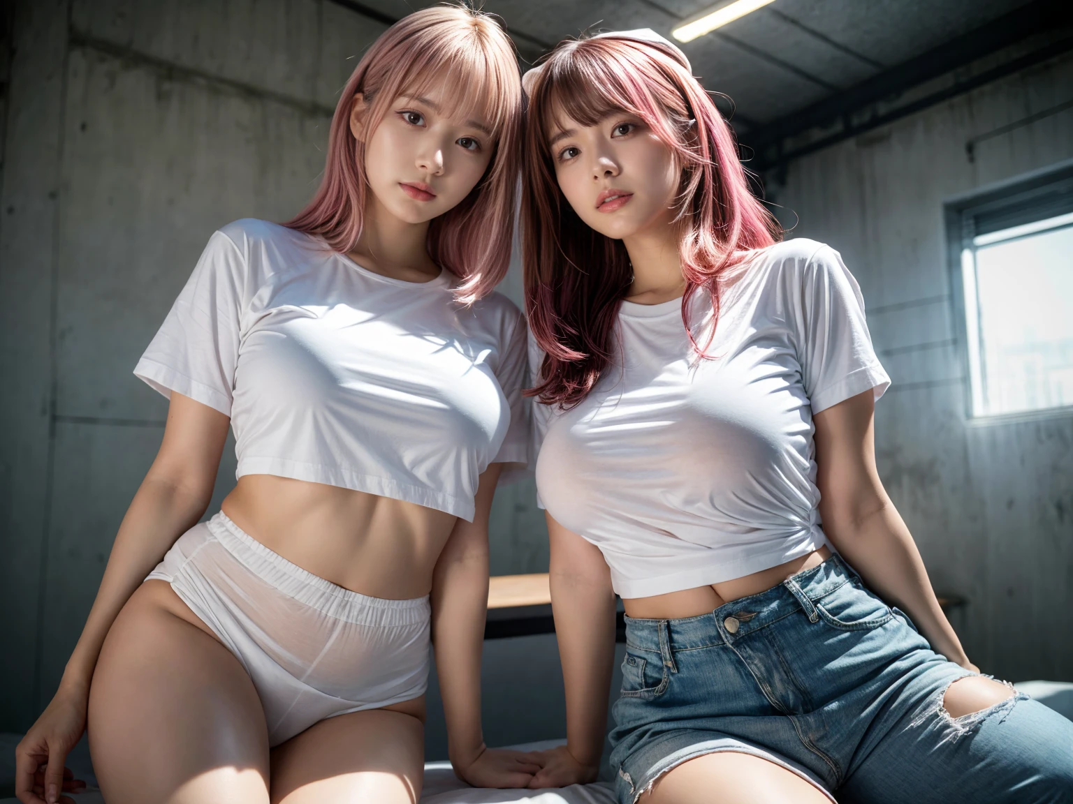 2 girls, 21yo girl,pink hair,long hair, wearing oversize white t-shirt, hot pants, wearing a baseball cap, natural big breast, show big thigh, plump body, single sidelock hairpin blush modern cinematic lighting,ray tracing,drop shadow wide shot UHD,textured skin,high details,best quality 4K, (from below:1.2), (realistic:1.1), (surreal:1.2), (very detailed:1.1)