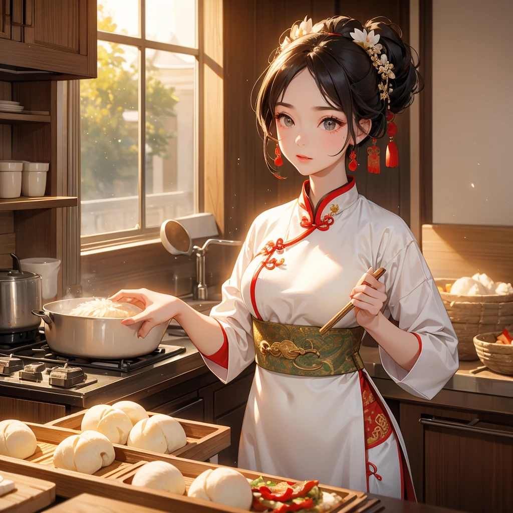 Beautiful girl in ancient Chinese costume Standing in the kitchen making steamed buns in the middle of the day, the sun shining on my face, my eyes sparkling.