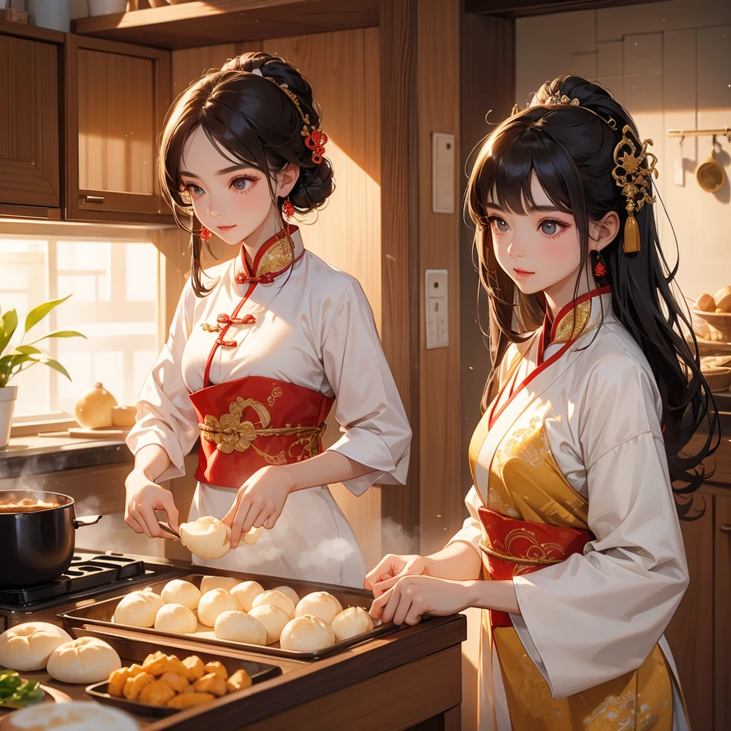 Beautiful girl in ancient Chinese costume Standing in the kitchen making steamed buns in the middle of the day, the sun shining on my face, my eyes sparkling.