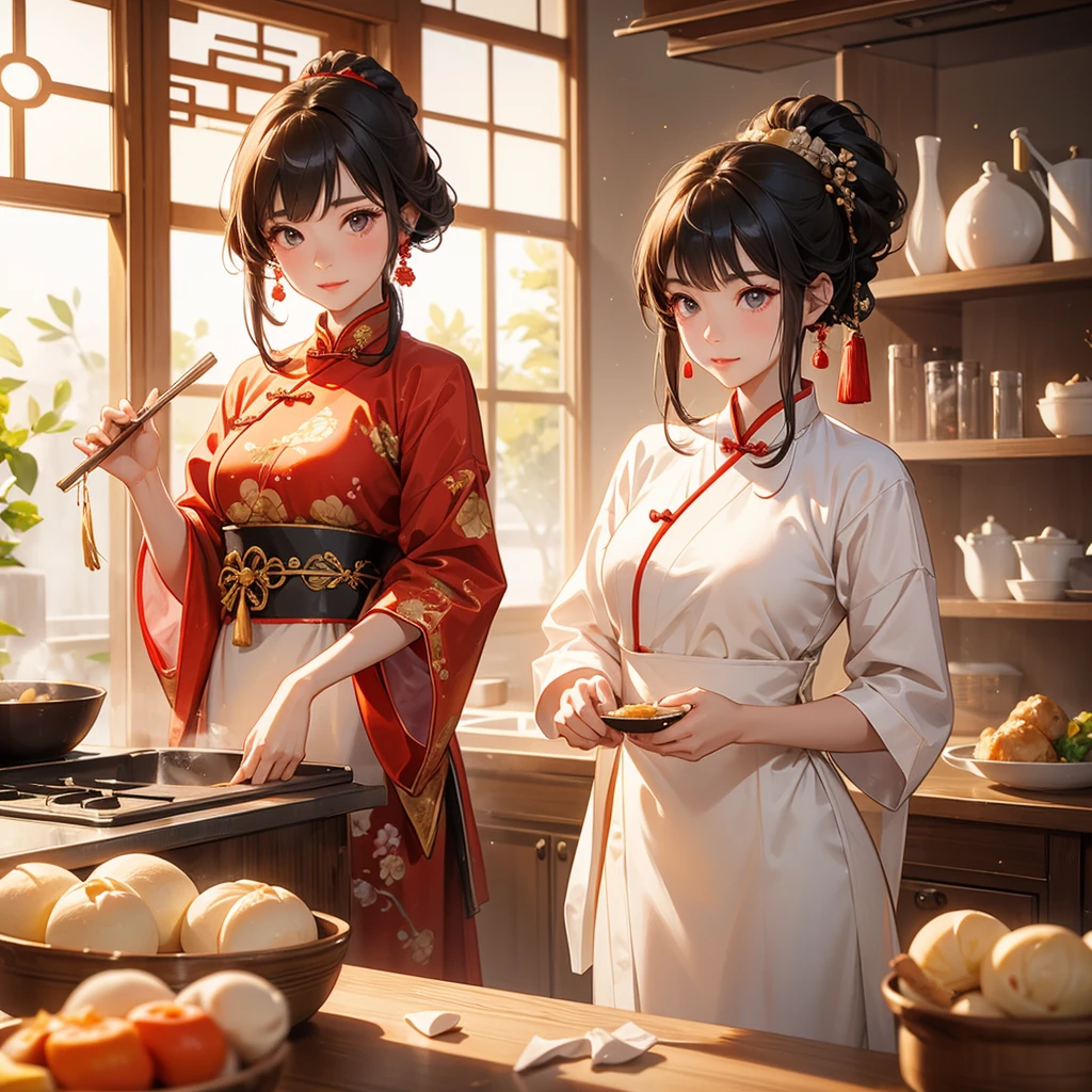 Beautiful girl in ancient Chinese costume Standing in the kitchen making steamed buns in the middle of the day, the sun shining on my face, my eyes sparkling.