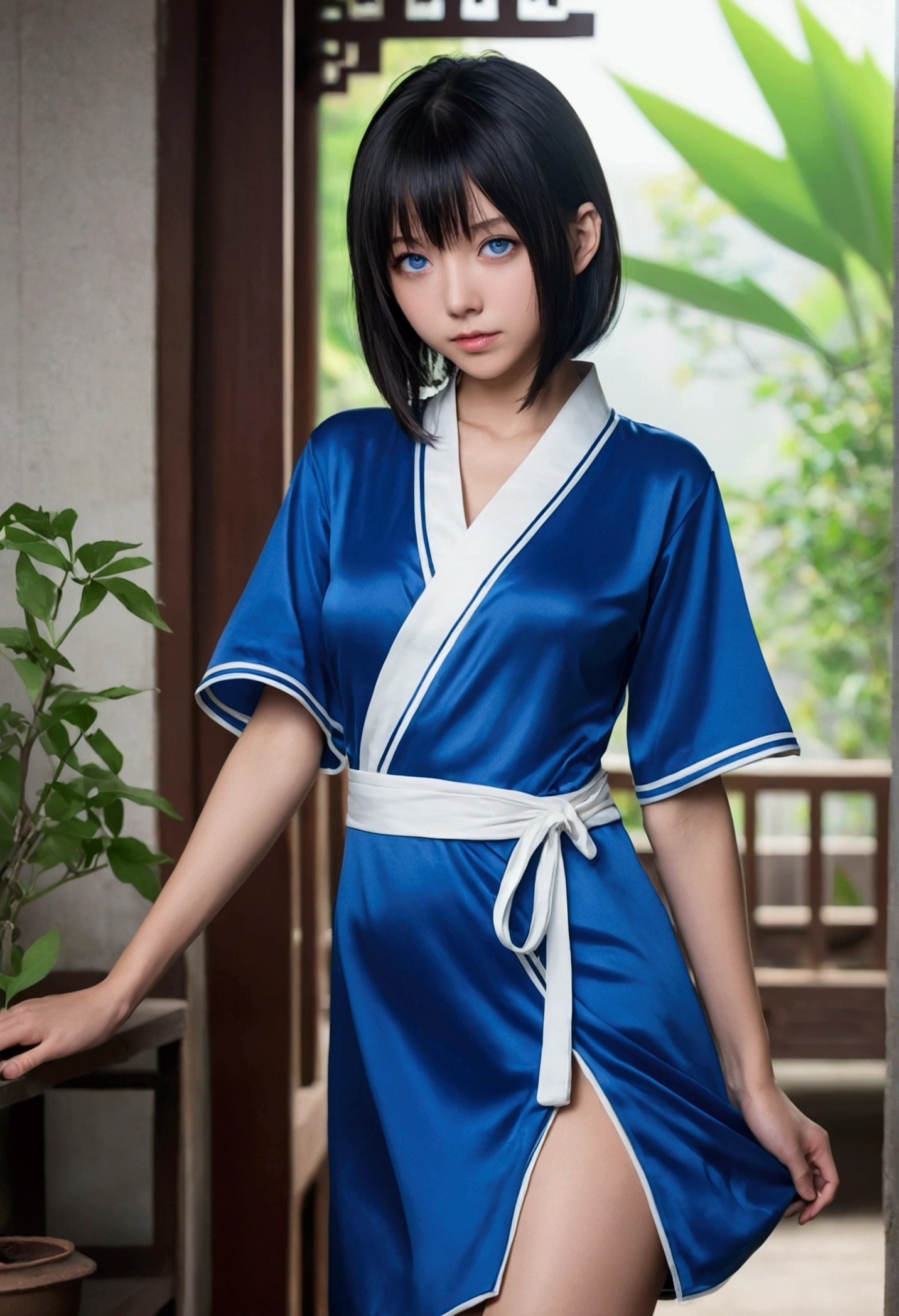 A blue eye girl full body from head to toe Chinese cultivator dress, sexy appearance, shy, normal bob, background maybe because evil or have lot's of dead bodies or have kids or normal background, shy face, sexy face, horny face, hentai face