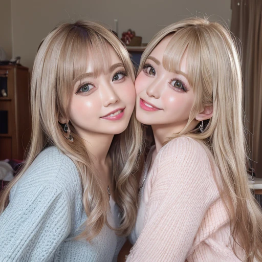 (Highest quality、4K、8k、High resolution、masterpiece:1.2)、Very detailed、(Genuine、Realistic、Realistic:1.37)、Messy room、Two Girls、smile、blonde、Gal Makeup、Gal Accessories、Gal Fashion、Playfully kissing