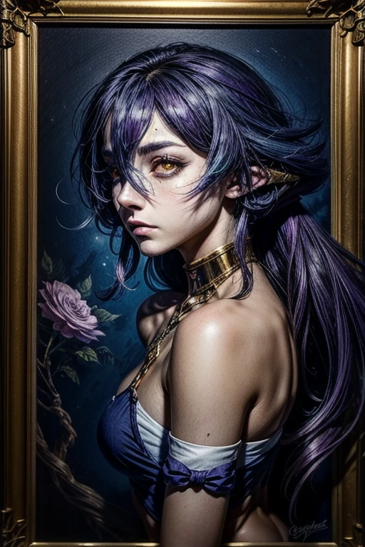  cinematic, medium shot, The whole head in the frame, detailed face, detailed eyes, evening, punk asthetic, , chain, , complex design, flowers, yellowed skull, dyed hair, light purple roots, blue ends, navy blue t-shirt, stone, chick,, whole body, Beautiful anime girl in waifu style,hyper-detailed painting, luminism, art by Carne Griffiths and Wadim Kashin conceptual art, dark background, Abstract beauty, getting closer to perfection, Pure form, Golden ratio, Minimalistic, dark atmosphere, unfinished, conceptual art, Brian Froud, Carne Griffiths, Wadim Kashin and John William Waterhouse, complex parts, post-production c 8k, a high resolution, hyper-detailed, trending on artstation, Sharp Focus, studio photo, complex parts, very detailed, Greg Rutkowski