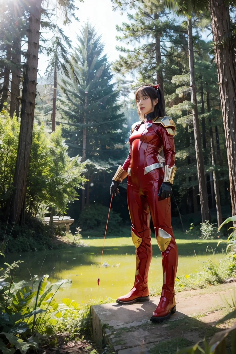 1 girl, Ridiculous resolution, high resolution, (Masterpiece: 1.4), hyper detail, and moss, Red armor with red wings, Flight floating in the sky (1.8) The background is forest type., electricity, Full body suit, 