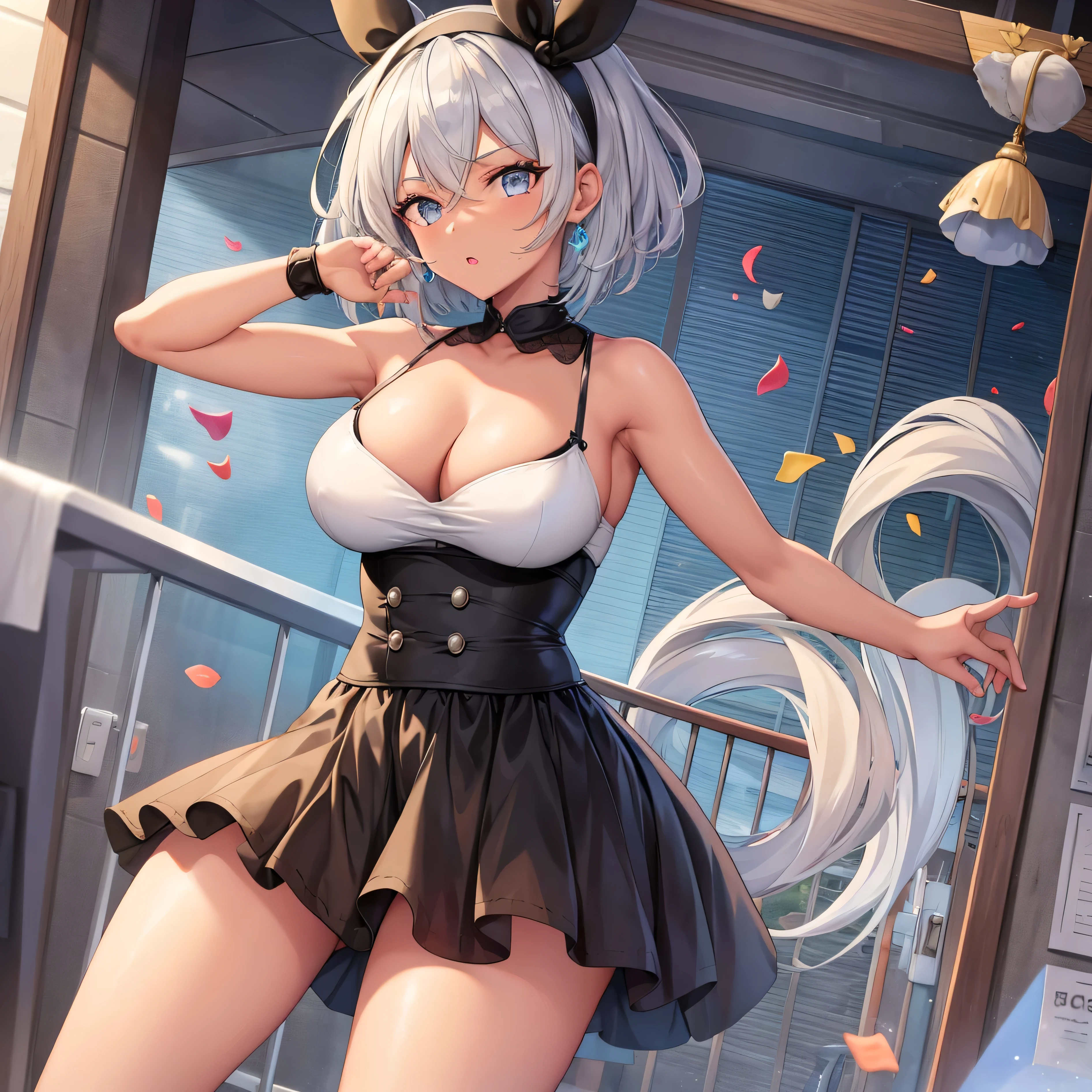 masterpiece:1.2, best quality, (ultra detailed), (highly detailed:1.2), (1girl, solo), pov, bea pokemon, black hairband, (dark-skinned female), hair between eyes, grey hair, short hair, solo, grey eyes, looking at viewer, large breasts, dynamic standing pose, in house, house background,