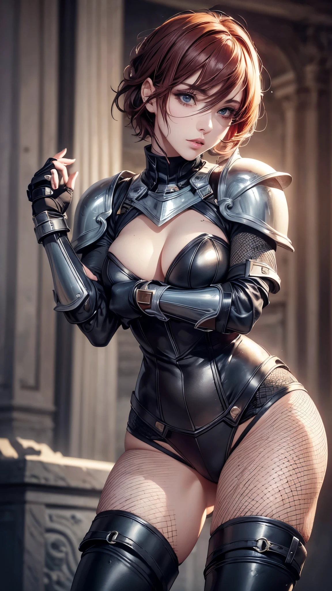 1girl,full body,red short hair,female knight,dirty armor,helmet,elbow guards,knee pads,((fishnet stockings,thigh high boots)),(best quality,4k,8k,highres,masterpiece:1.2),ultra-detailed,(realistic,photorealistic,photo-realistic:1.37),detailed face,beautiful detailed eyes,beautiful detailed lips,extremely detailed eyes and face,long eyelashes,dynamic pose,dramatic lighting,muted color palette,cinematic composition