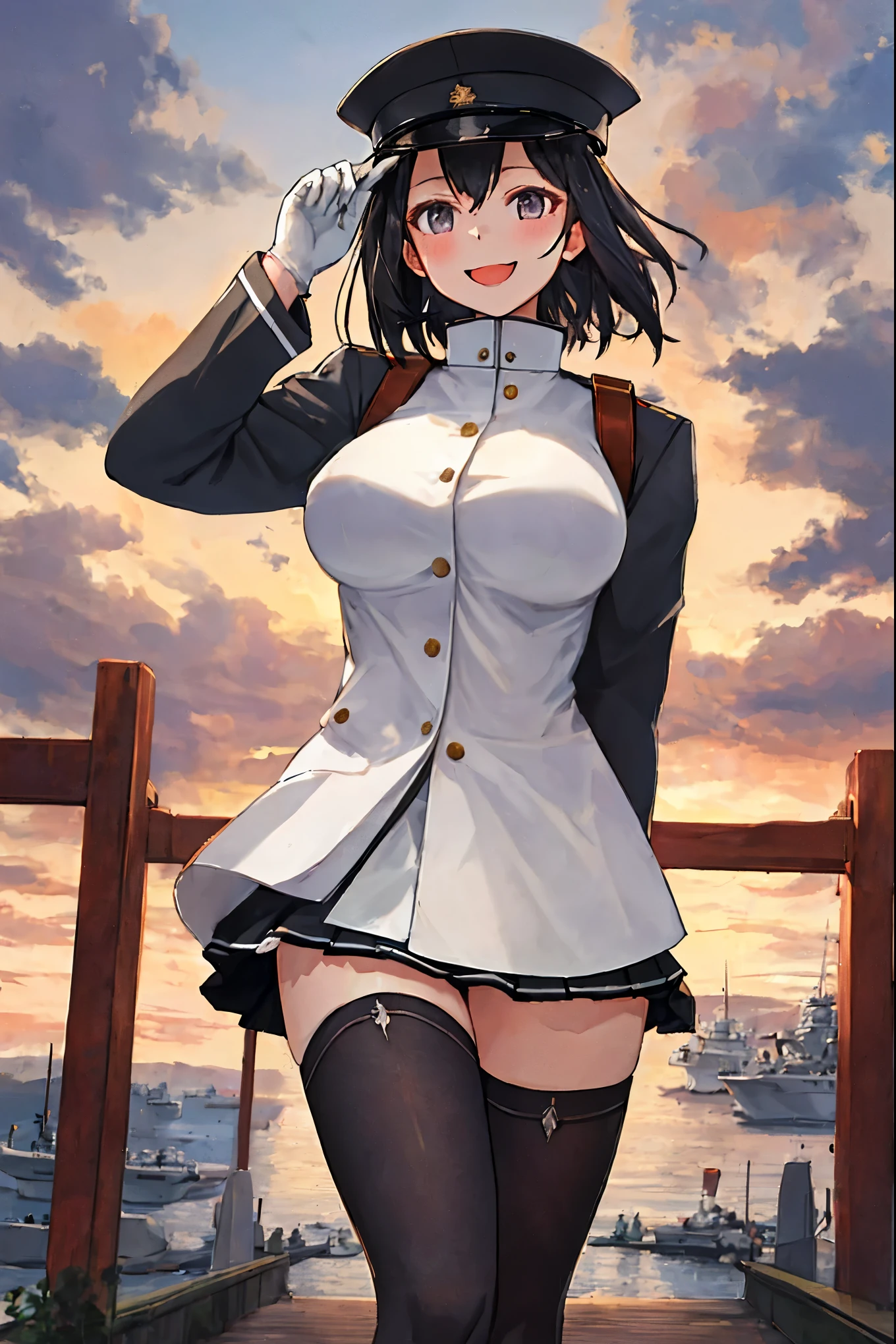 best quality, masterpiece, solo, {akitsu_maru_kantaicollection:1.15}, black_hair, short_hair, hat, peaked_cap, black_eyes, military, big_breasts, 1girl, black_headwear, looking_at_viewer,black_ military_uniform, uniform, military_hat, in_front_harbor_town_landscape_background, smile,(plump:0.7),,black_thigh-highs,joylight_open_mouth,white_skin